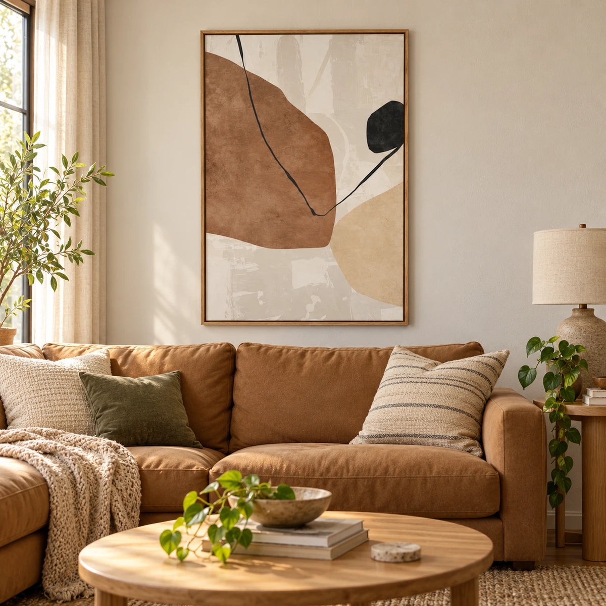 Brown Beige and Black Organic Oil Painting | Fine Curved Line on Cream Minimalist Vertical Abstract Wall Art OA 1761