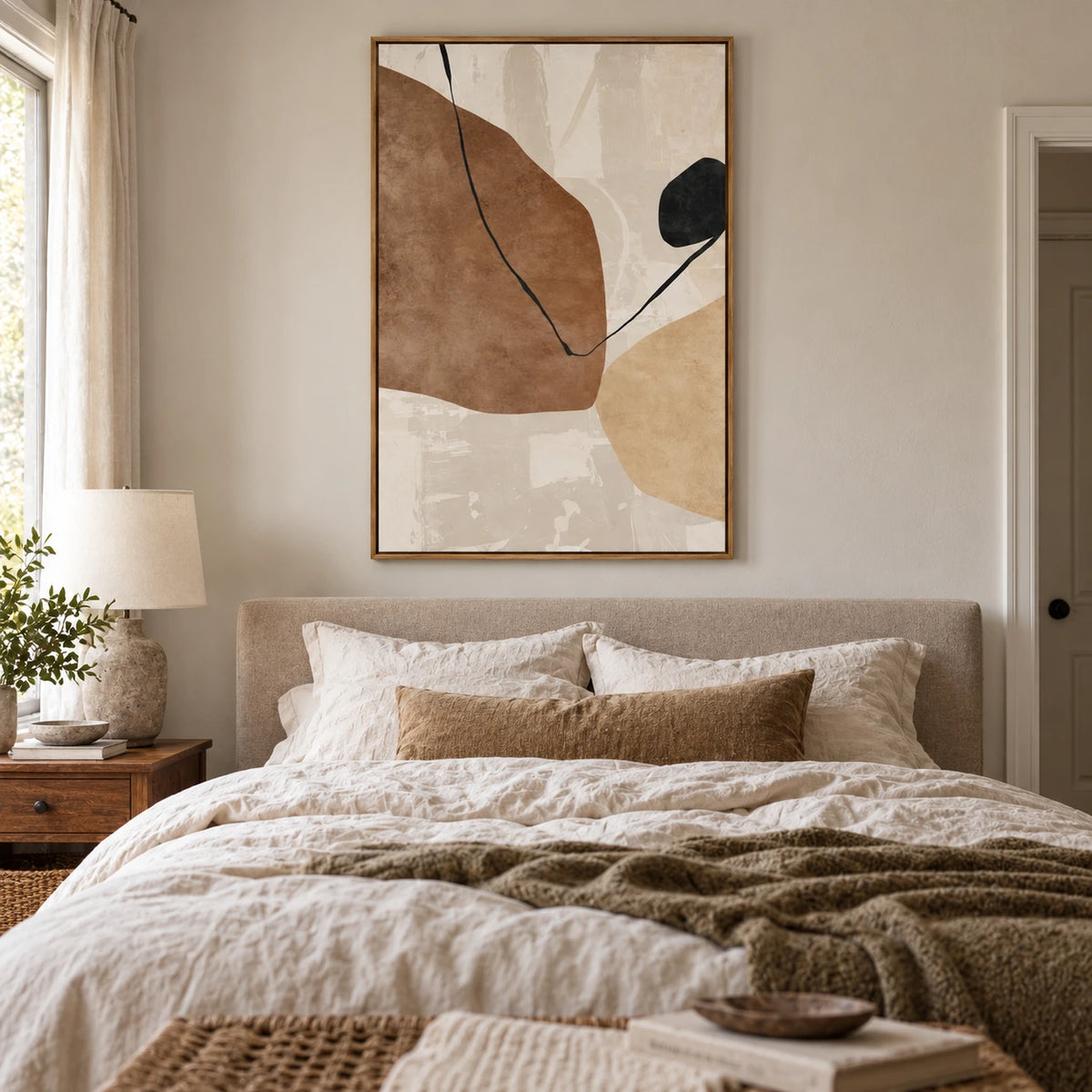 Brown Beige and Black Organic Oil Painting | Fine Curved Line on Cream Minimalist Vertical Abstract Wall Art OA 1761