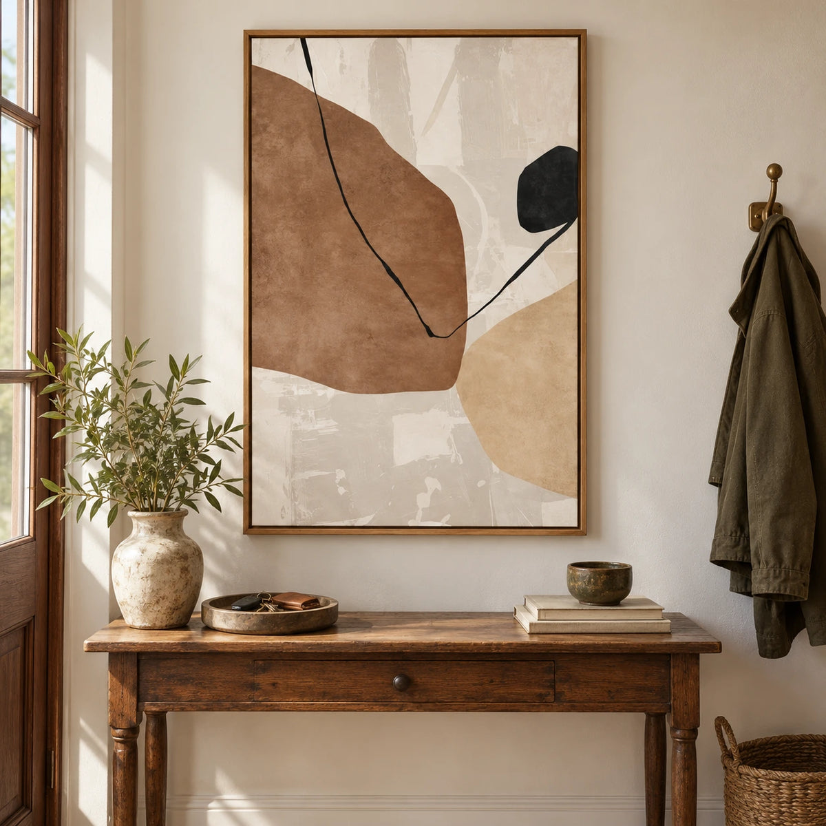 Brown Beige and Black Organic Oil Painting | Fine Curved Line on Cream Minimalist Vertical Abstract Wall Art OA 1761