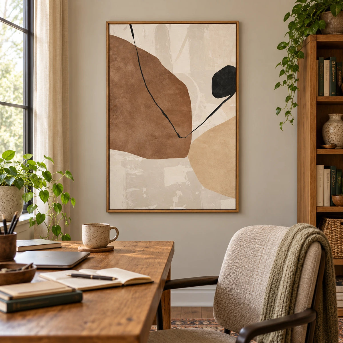 Brown Beige and Black Organic Oil Painting | Fine Curved Line on Cream Minimalist Vertical Abstract Wall Art OA 1761