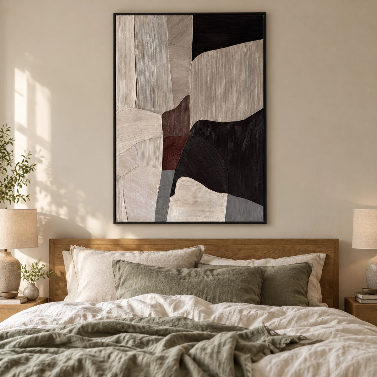 Brown Black and Grey Abstract Oil Painting | Angular Shapes and Fine Linear Texture Vertical Neutral Wall Art #OA 1824
