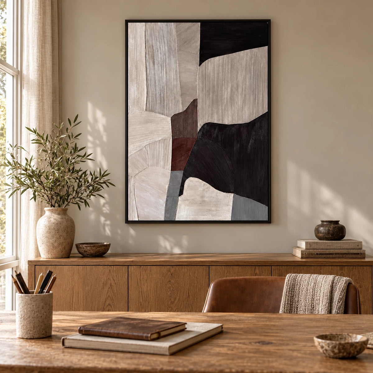 Brown Black and Grey Abstract Oil Painting | Angular Shapes and Fine Linear Texture Vertical Neutral Wall Art #OA 1824