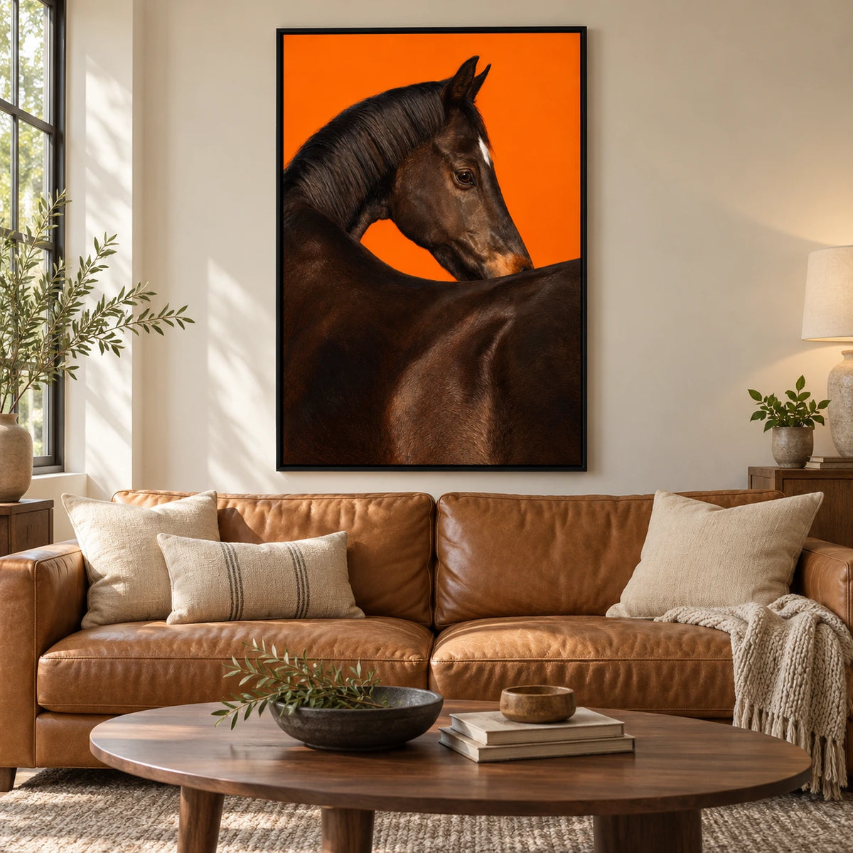 Brown Horse Portrait on Orange Oil Painting | Dark Mane White Forehead Mark Equestrian Vertical Wall Art #OA 1703