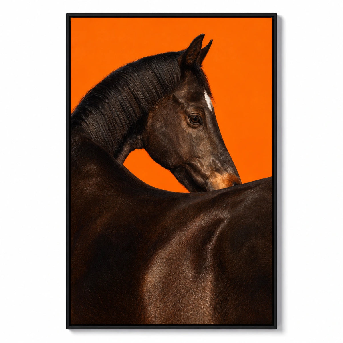 Brown Horse Portrait on Orange Oil Painting | Dark Mane White Forehead Mark Equestrian Vertical Wall Art #OA 1703