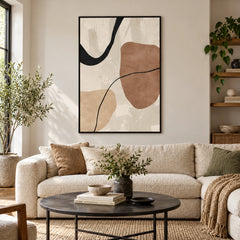 Brown and Cream Abstract Oil Painting | Black Flowing Lines and Organic Shapes Minimalist Vertical Wall Art #OA 1745