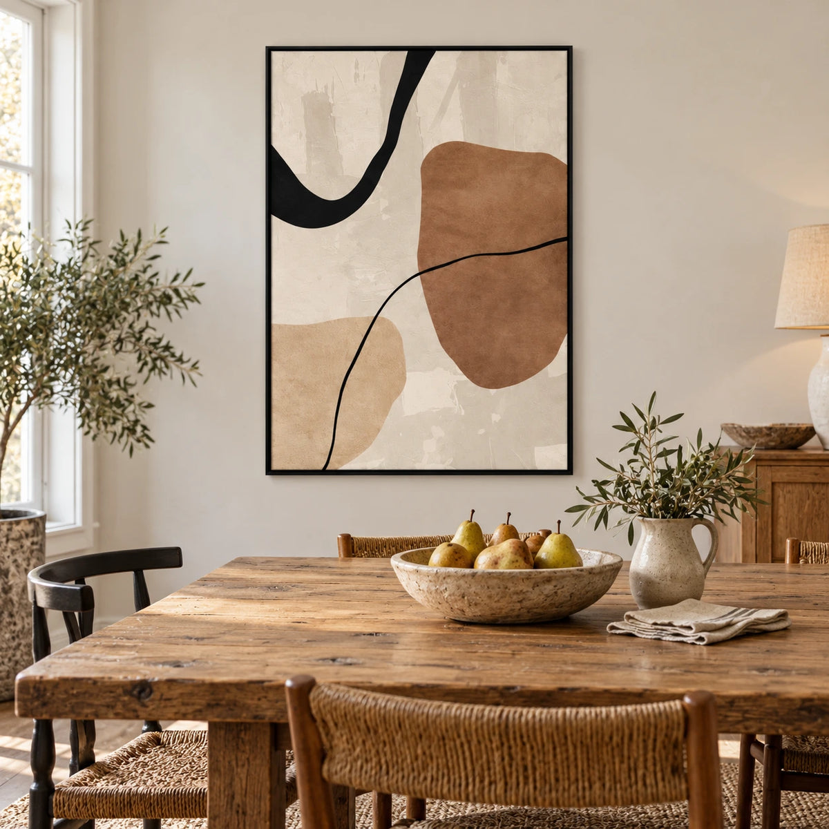 Brown and Cream Abstract Oil Painting | Black Flowing Lines and Organic Shapes Minimalist Vertical Wall Art OA 1745