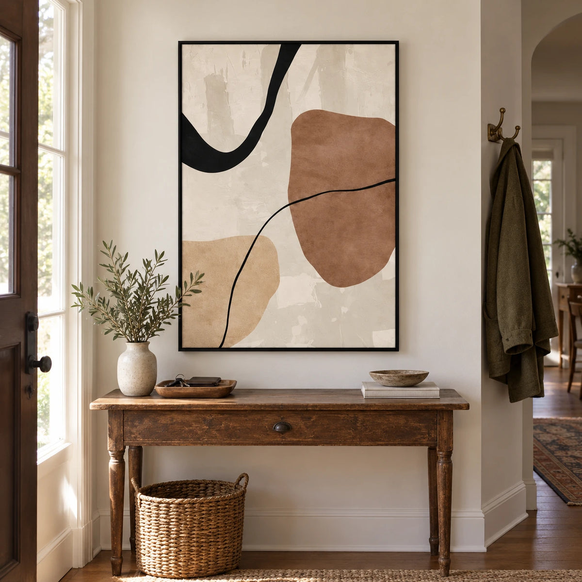 Brown and Cream Abstract Oil Painting | Black Flowing Lines and Organic Shapes Minimalist Vertical Wall Art OA 1745