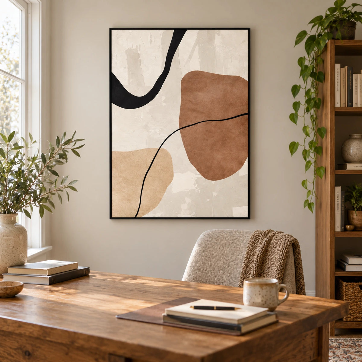 Brown and Cream Abstract Oil Painting | Black Flowing Lines and Organic Shapes Minimalist Vertical Wall Art OA 1745