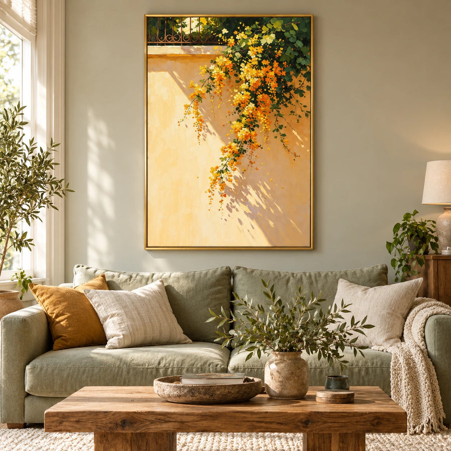 Cascading Yellow Flowers on Sunlit Wall Oil Painting | Green Foliage and Garden Shadows Vertical Botanical Wall Art #OA 1695