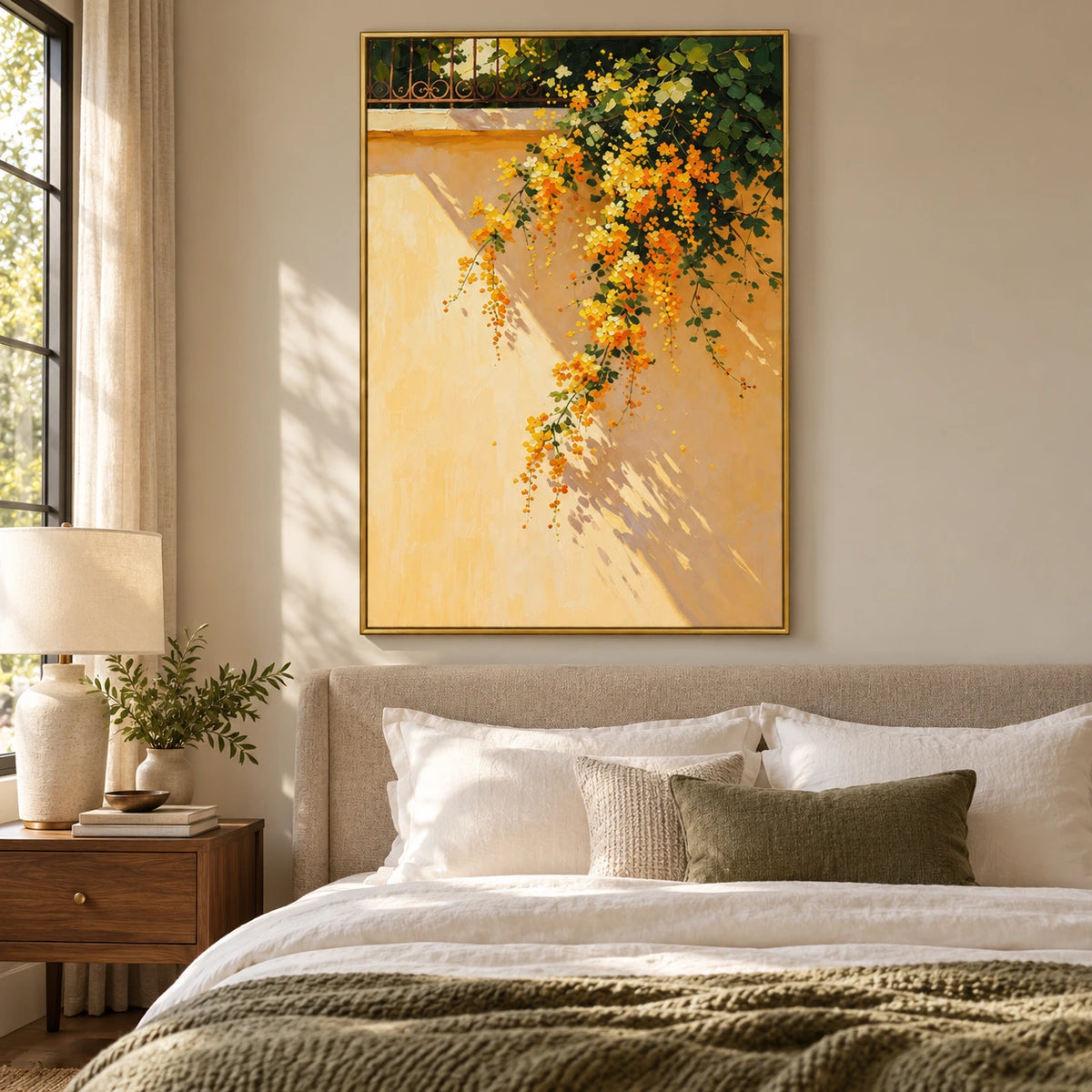 Cascading Yellow Flowers on Sunlit Wall Oil Painting | Green Foliage and Garden Shadows Vertical Botanical Wall Art #OA 1695