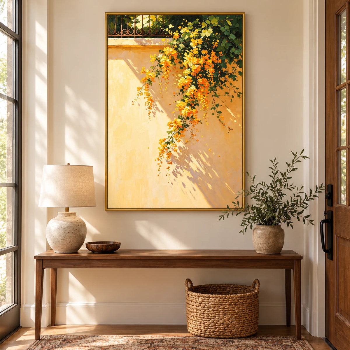 Cascading Yellow Flowers on Sunlit Wall Oil Painting | Green Foliage and Garden Shadows Vertical Botanical Wall Art #OA 1695