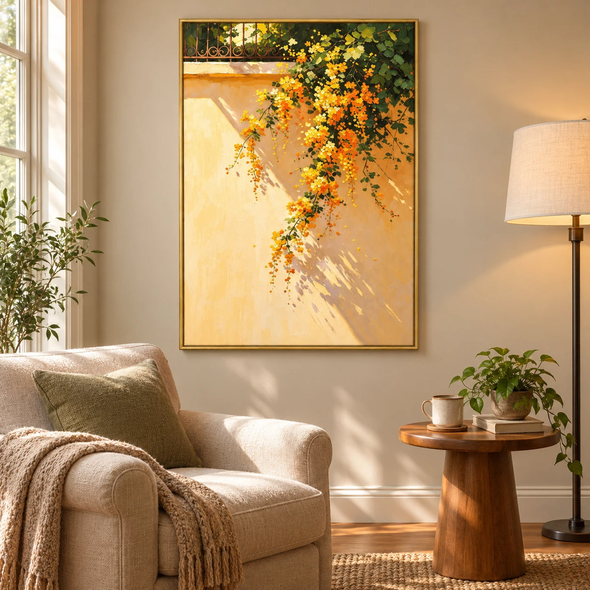 Cascading Yellow Flowers on Sunlit Wall Oil Painting | Green Foliage and Garden Shadows Vertical Botanical Wall Art #OA 1695