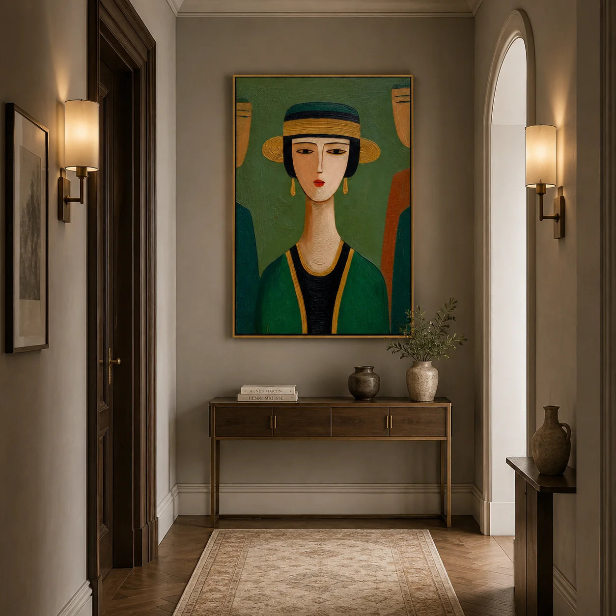 Hand-Painted Figurative Oil Painting, Textured Green Portrait Wall Art for Modern Home Decor OA#0910