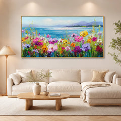 Colorful Wildflower Coastal Landscape Wall Art – Textured Palette Knife Oil Painting for Bedroom Decor