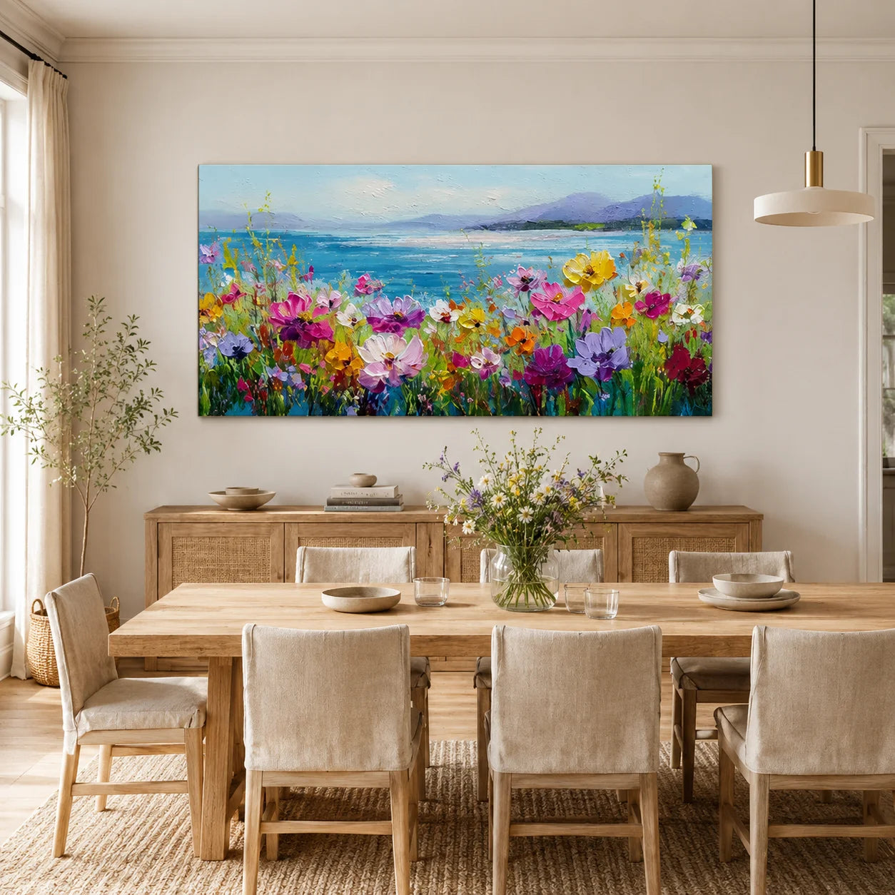 Colorful Wildflower Coastal Landscape Wall Art – Textured Palette Knife Oil Painting for Bedroom Decor
