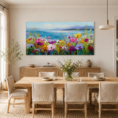 Colorful Wildflower Coastal Landscape Wall Art – Textured Palette Knife Oil Painting for Bedroom Decor
