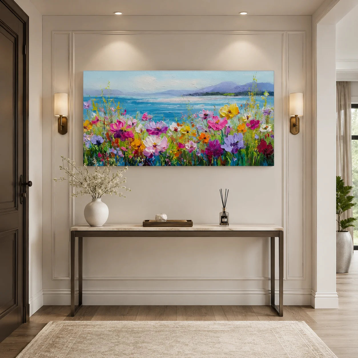 Colorful Wildflower Coastal Landscape Wall Art – Textured Palette Knife Oil Painting for Bedroom Decor