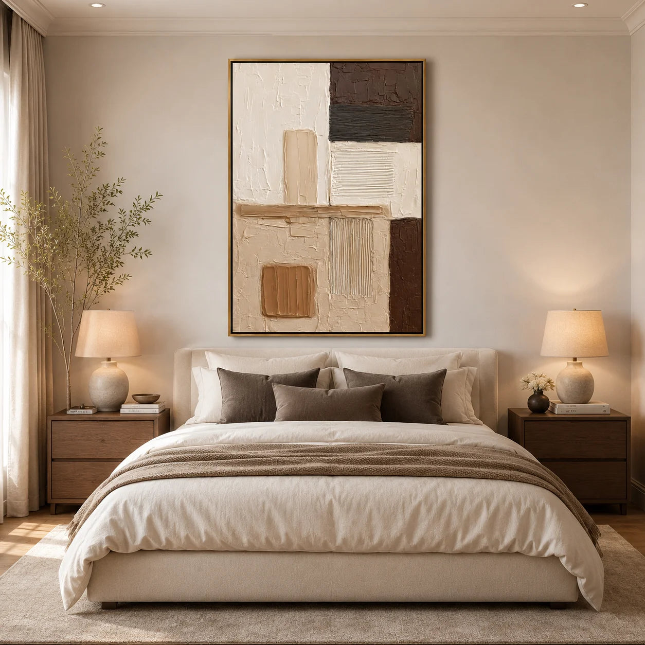 Brown and Cream Abstract Hand-Painted Oil Painting | Textured Geometric Wall Art for Modern Minimalist Decor OA#0919