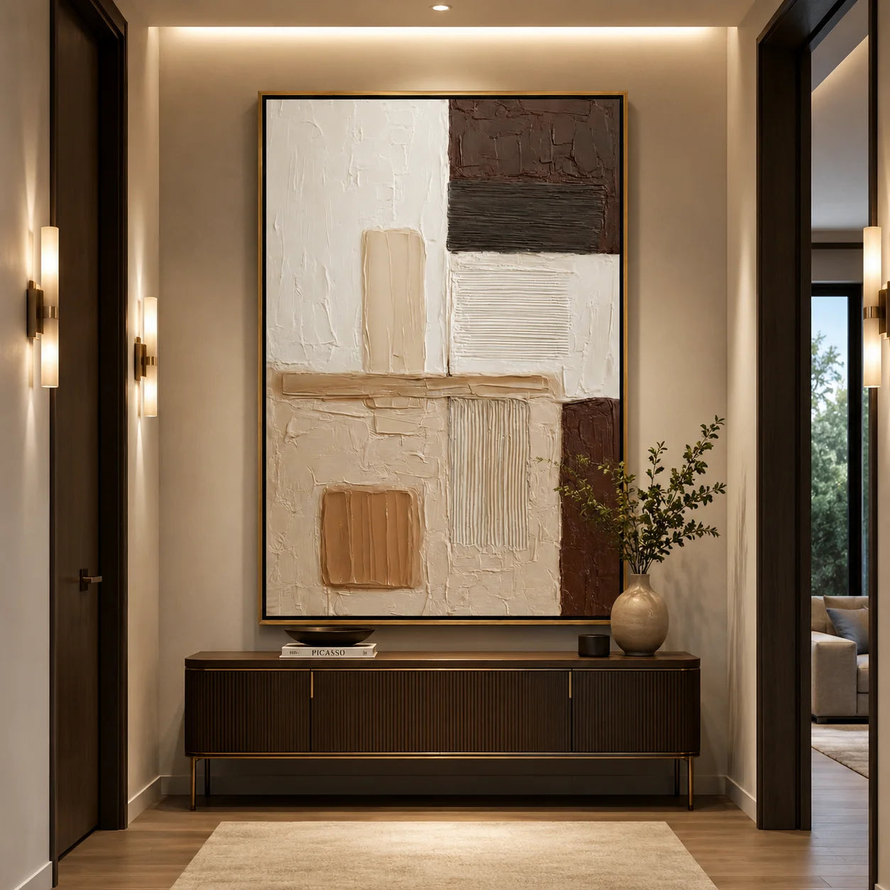 Brown and Cream Abstract Hand-Painted Oil Painting | Textured Geometric Wall Art for Modern Minimalist Decor OA#0919