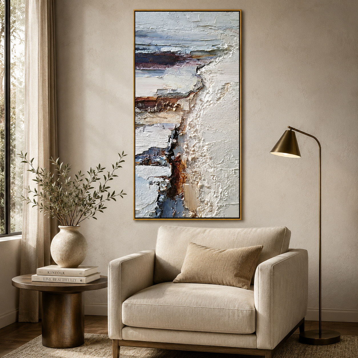 Minimalist White Textured Abstract Painting – Modern Vertical Wall Art#OA 0904