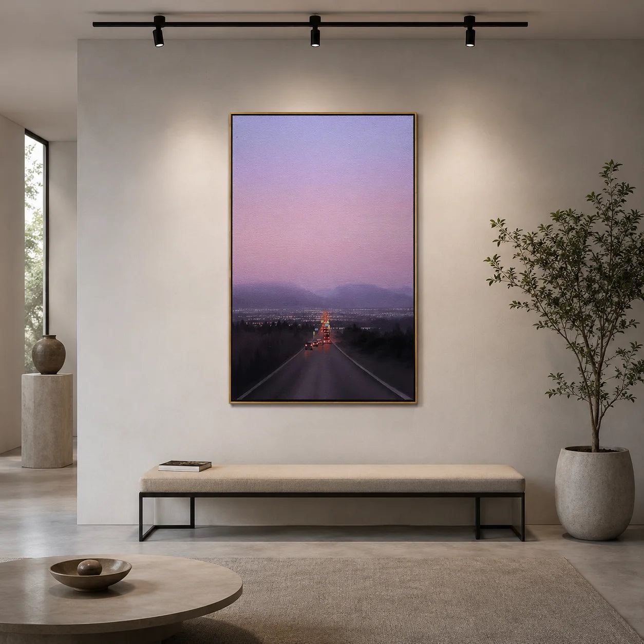 Twilight City Road Wall Art, Scenic Highway Leading to City Lights Canvas Painting for Living Room Decor #OA 0740