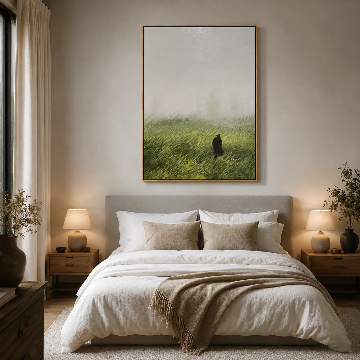 Misty Green Meadow Wall Art – Solitary Figure Landscape Canvas Painting for Living Room Decor #OA 0810