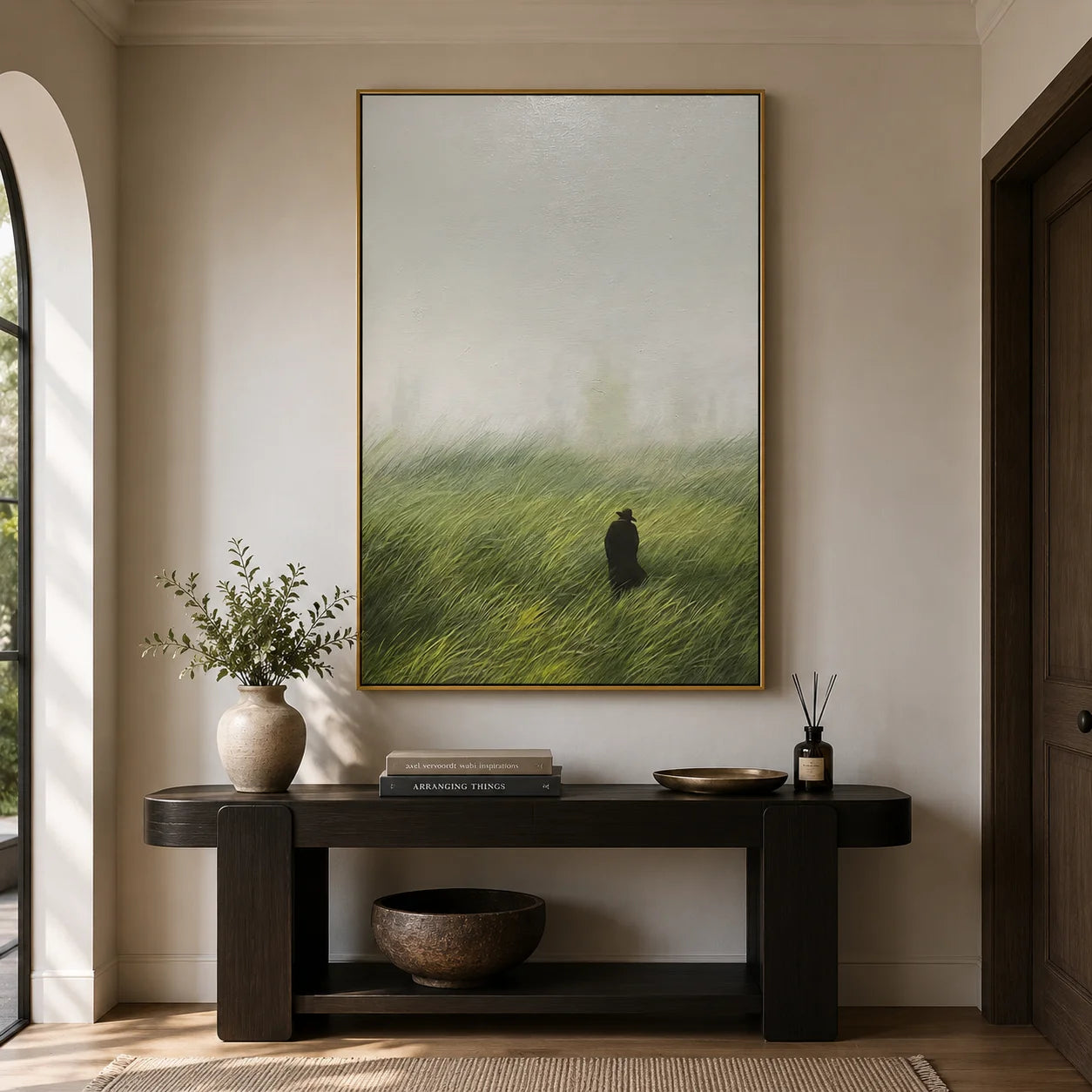 Misty Green Meadow Wall Art – Solitary Figure Landscape Canvas Painting for Living Room Decor #OA 0810