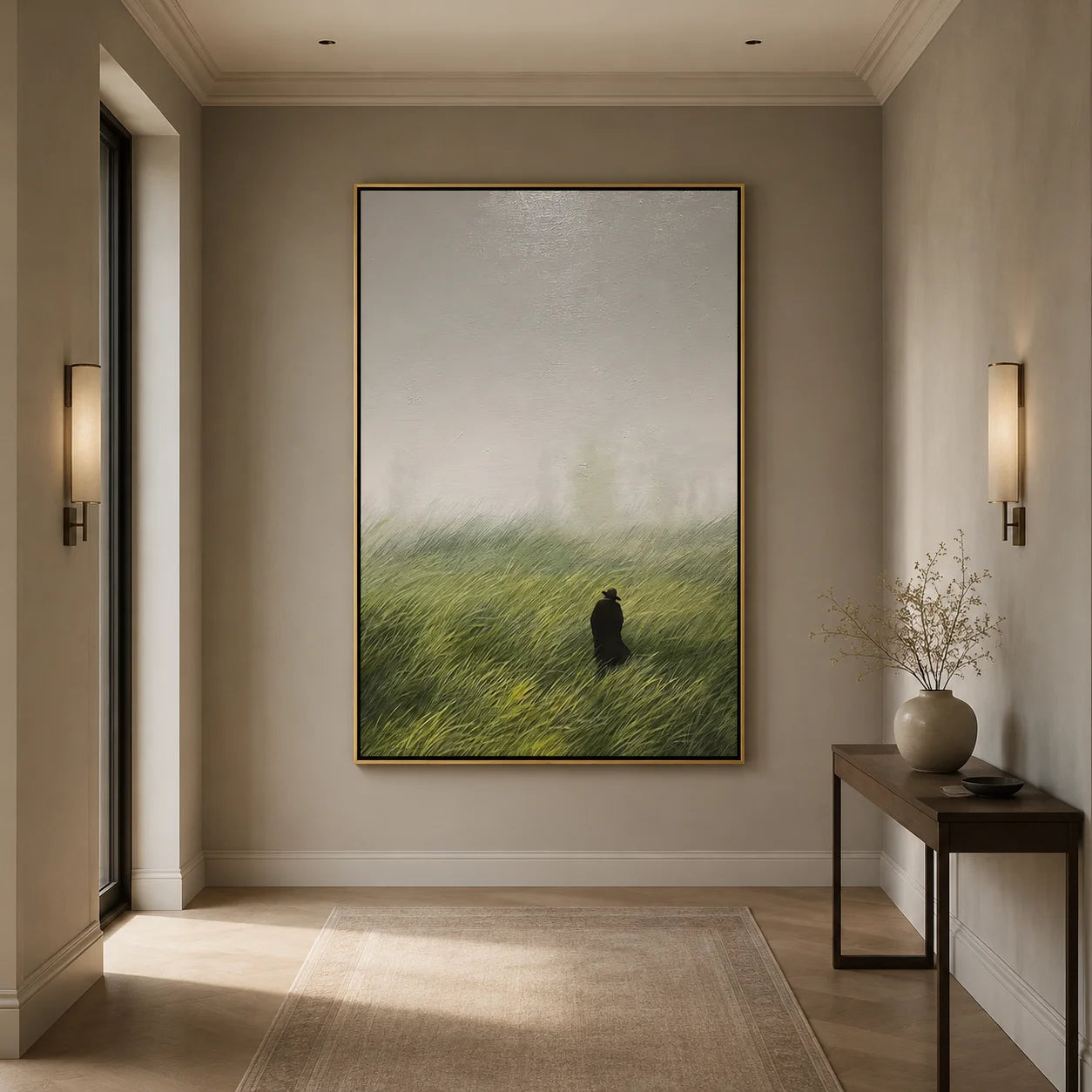 Misty Green Meadow Wall Art – Solitary Figure Landscape Canvas Painting for Living Room Decor #OA 0810
