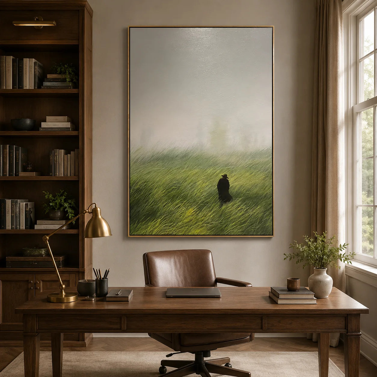 Misty Green Meadow Wall Art – Solitary Figure Landscape Canvas Painting for Living Room Decor #OA 0810