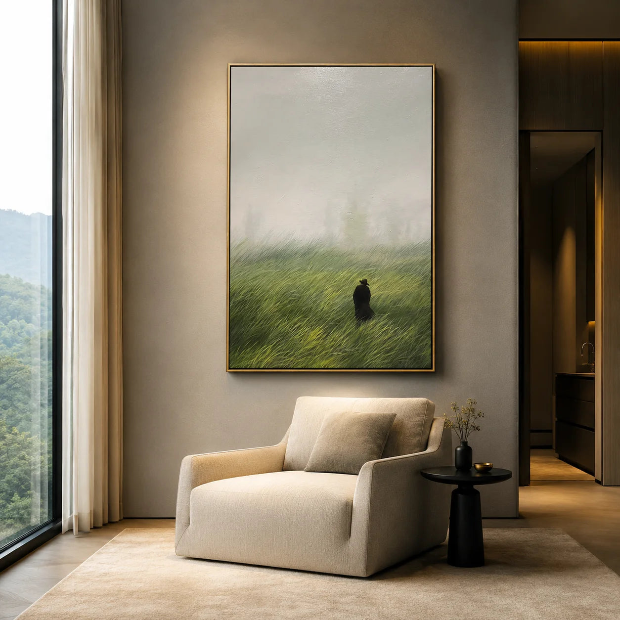 Misty Green Meadow Wall Art – Solitary Figure Landscape Canvas Painting for Living Room Decor #OA 0810
