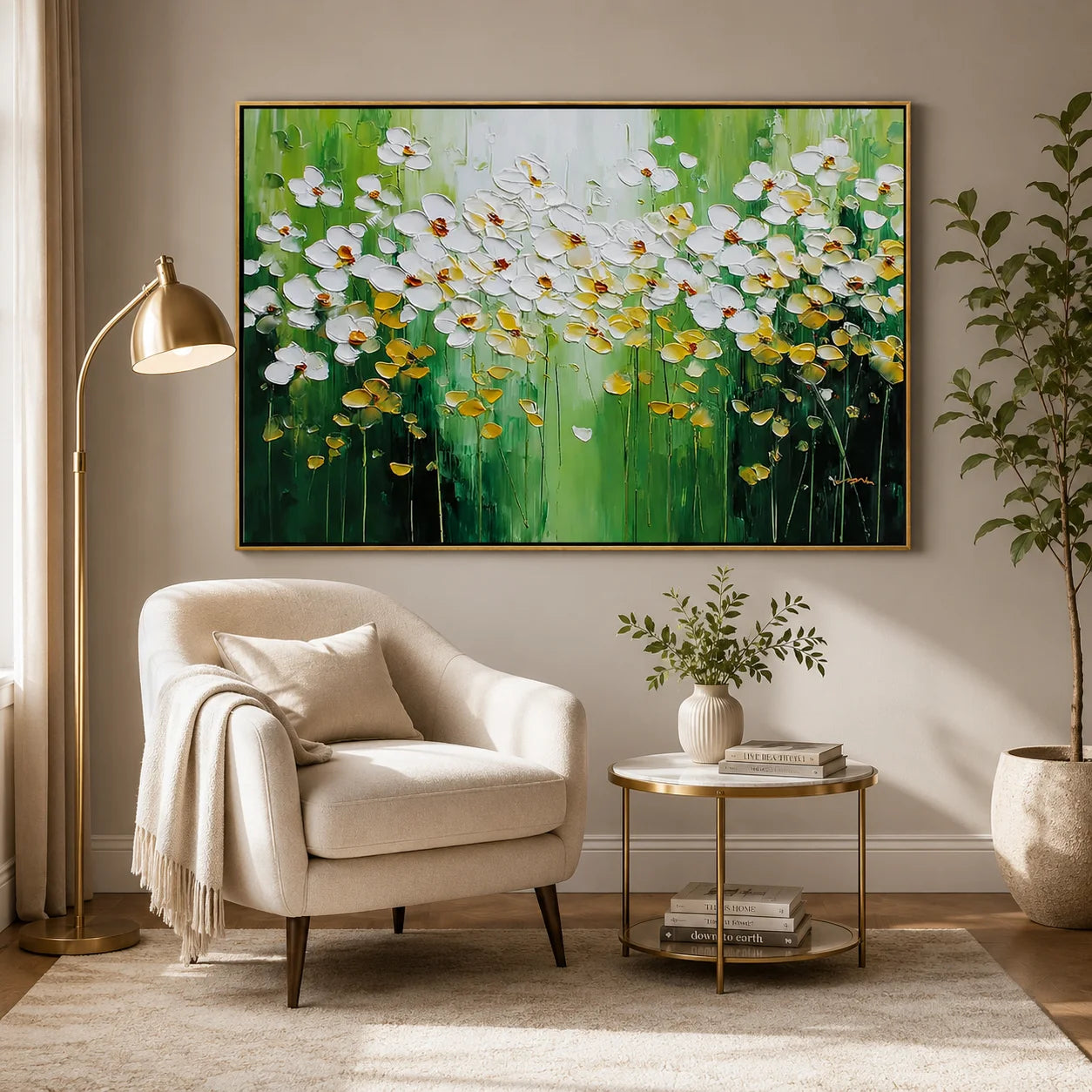 White Floral Oil Painting Canvas – Green Abstract Flower Wall Art for Living Room Modern Home Decor #OA 0476
