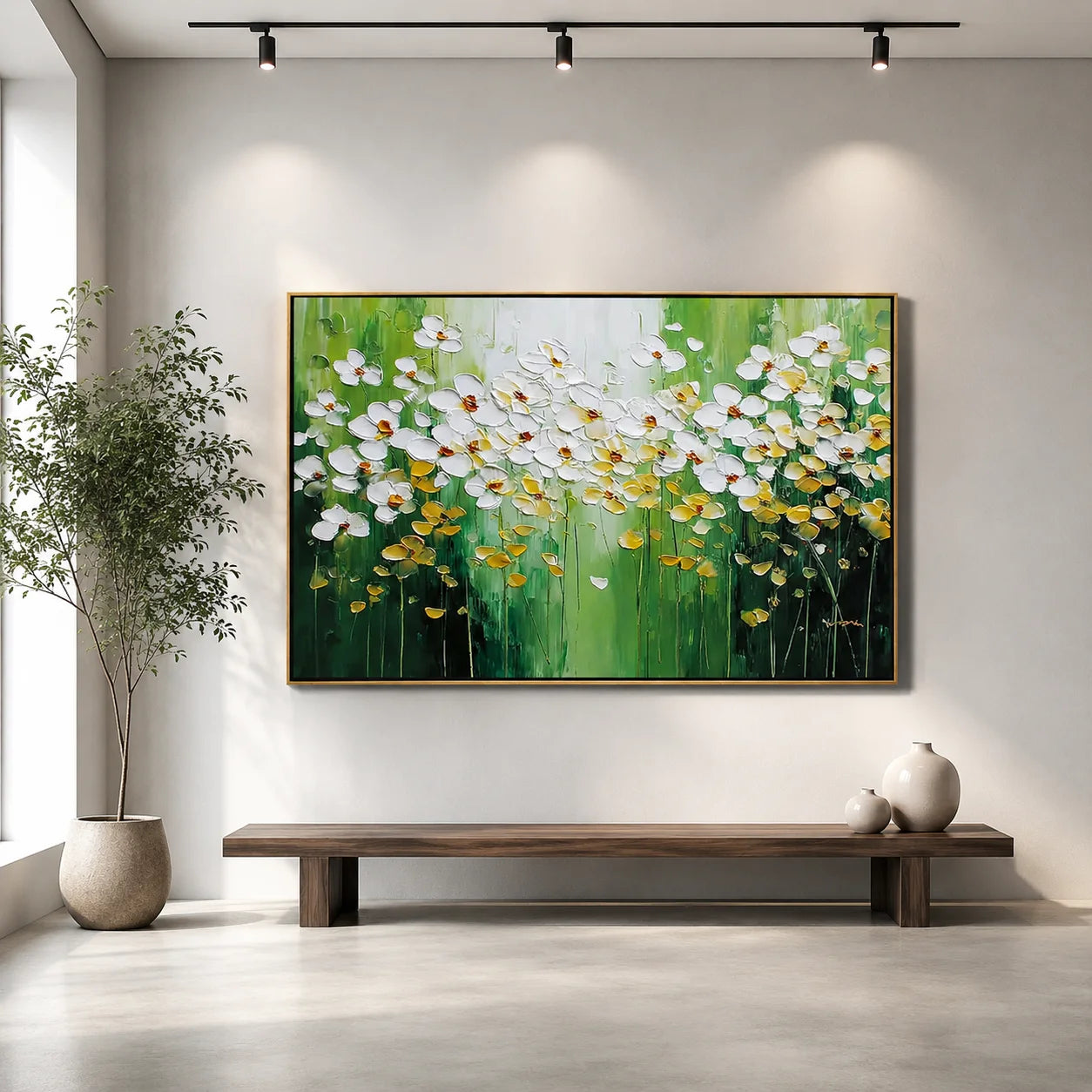 White Floral Oil Painting Canvas – Green Abstract Flower Wall Art for Living Room Modern Home Decor #OA 0476