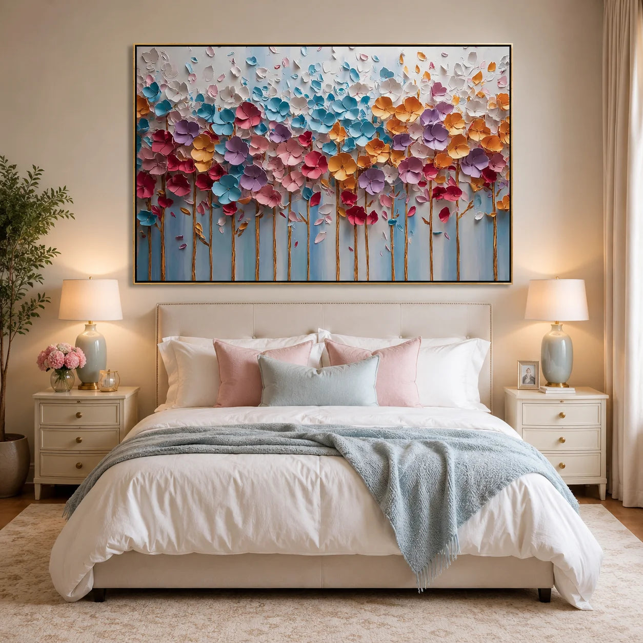 3D Textured Floral Wall Art – Colorful Modern Flower Canvas Painting for Living Room Bedroom Decor #OA 0455