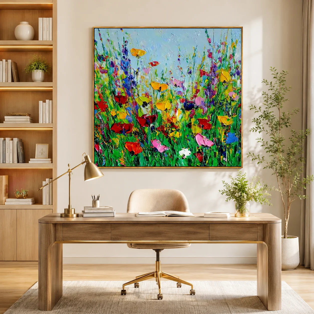 Colorful Wildflower Meadow Oil Painting Canvas – Modern Floral Landscape Wall Art for Living Room Home Decor#OA 0468