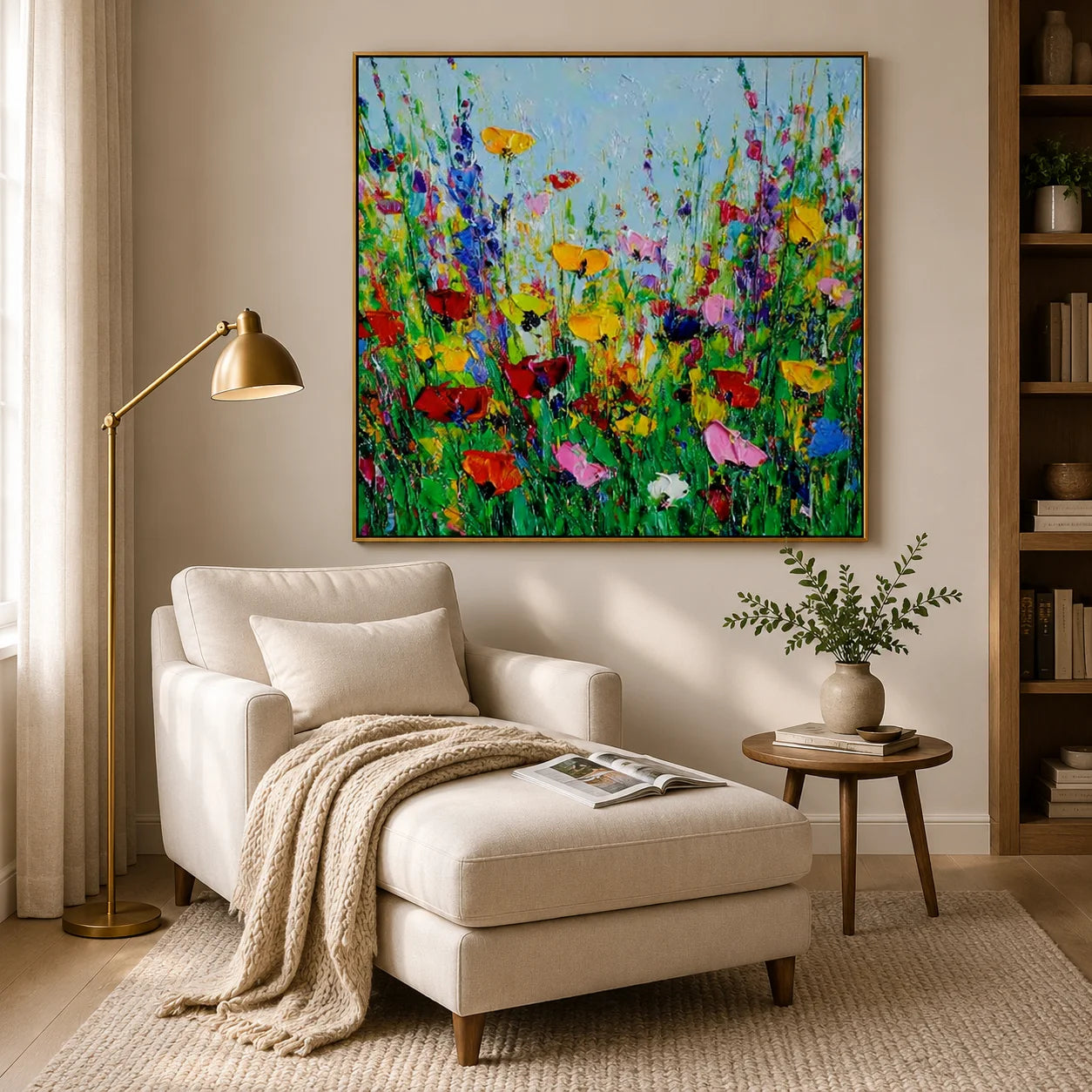 Colorful Wildflower Meadow Oil Painting Canvas – Modern Floral Landscape Wall Art for Living Room Home Decor#OA 0468