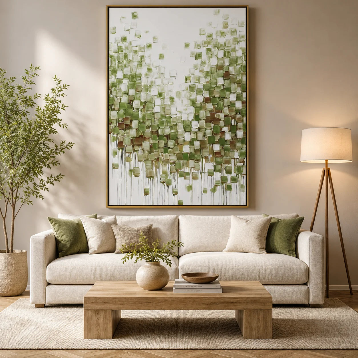 Green Abstract Oil Painting, Textured Botanical Square Wall Art for Living Room Decor #OA 0587