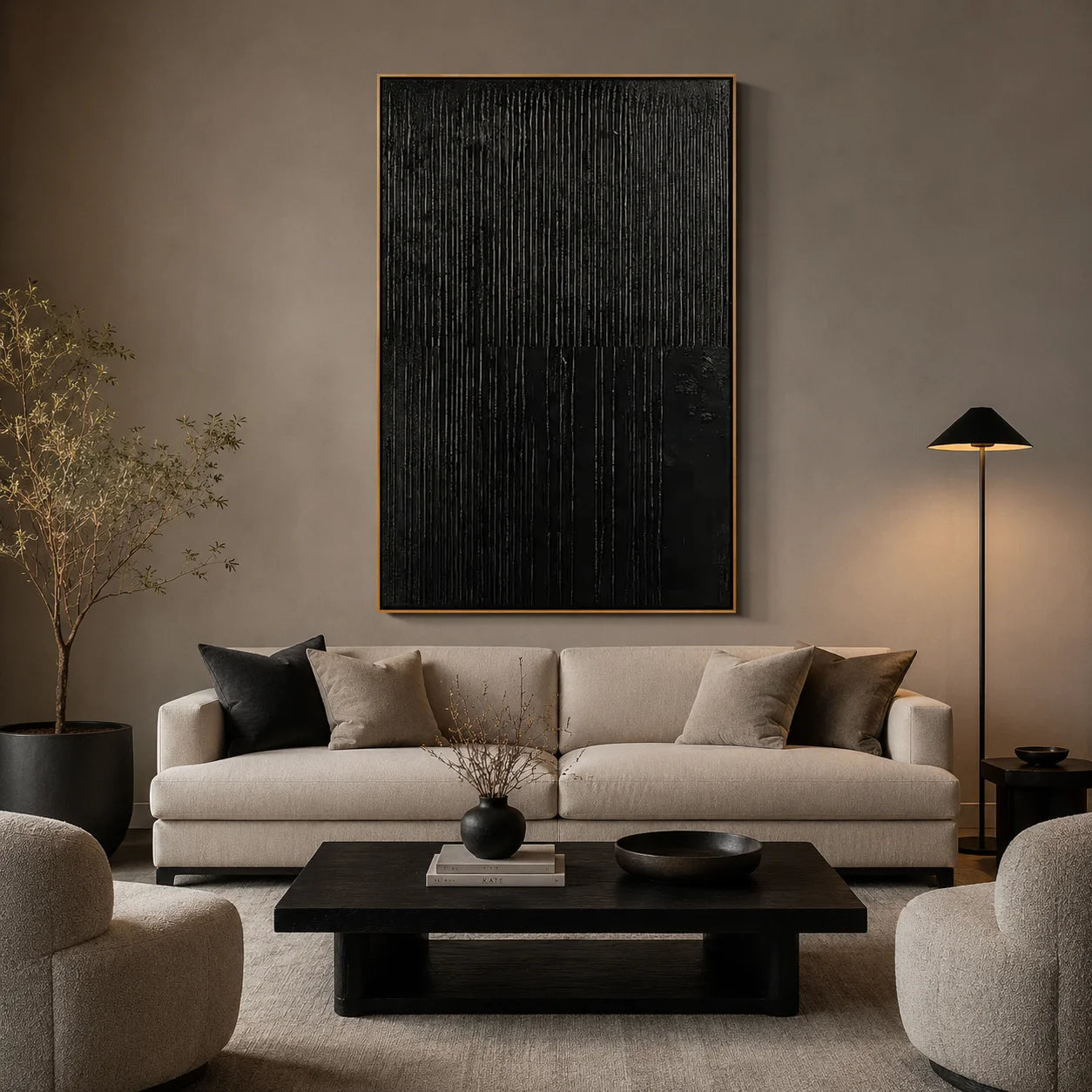Black Textured Abstract Wall Art, Minimal Vertical Line Canvas Painting for Modern Living Room Décor #OA 0010