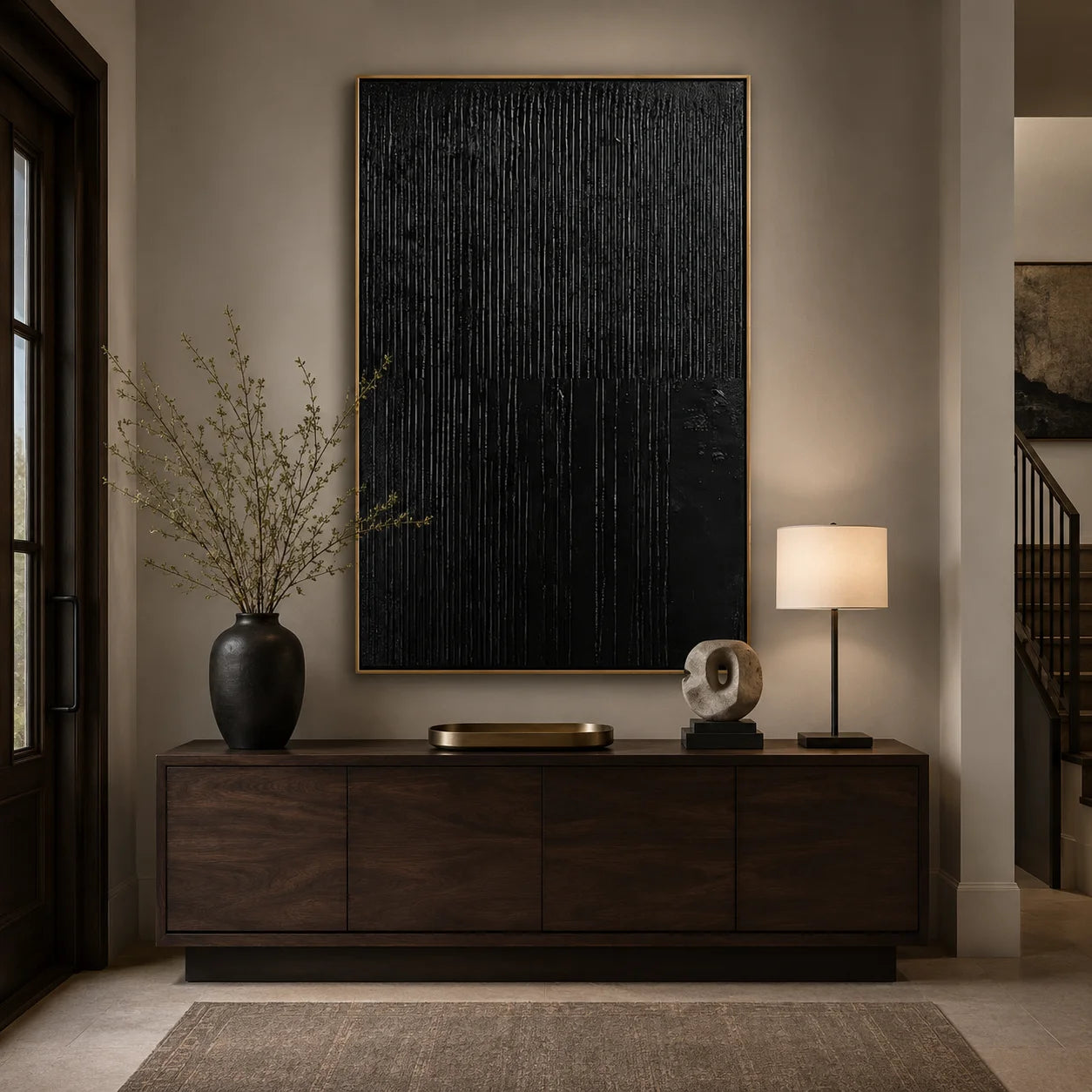 Black Textured Abstract Wall Art, Minimal Vertical Line Canvas Painting for Modern Living Room Décor #OA 0010