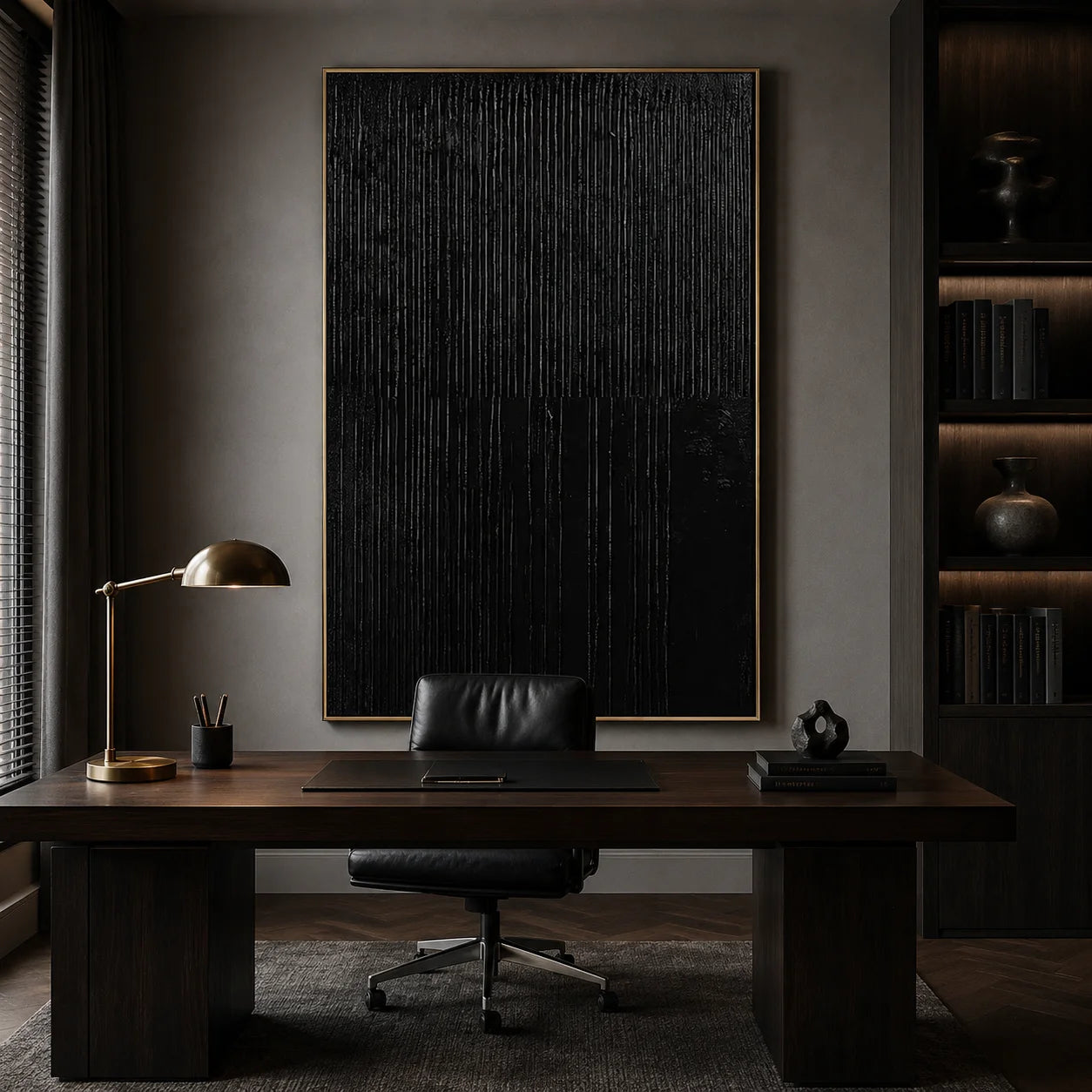 Black Textured Abstract Wall Art, Minimal Vertical Line Canvas Painting for Modern Living Room Décor #OA 0010