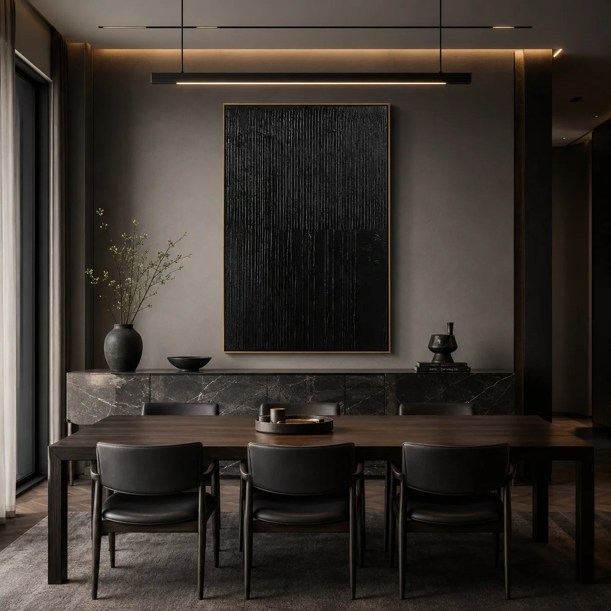 Black Textured Abstract Wall Art, Minimal Vertical Line Canvas Painting for Modern Living Room Décor #OA 0010