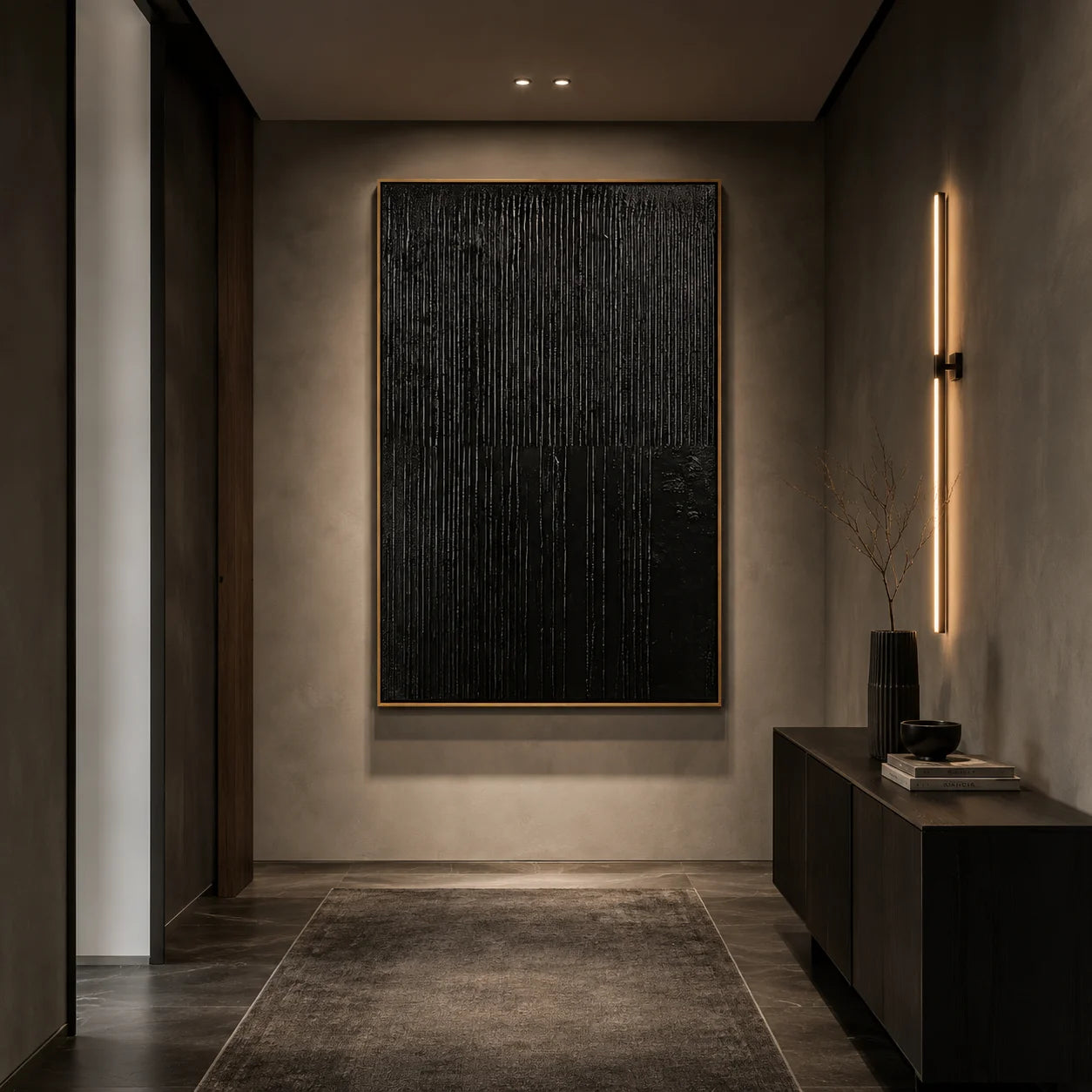 Black Textured Abstract Wall Art, Minimal Vertical Line Canvas Painting for Modern Living Room Décor #OA 0010