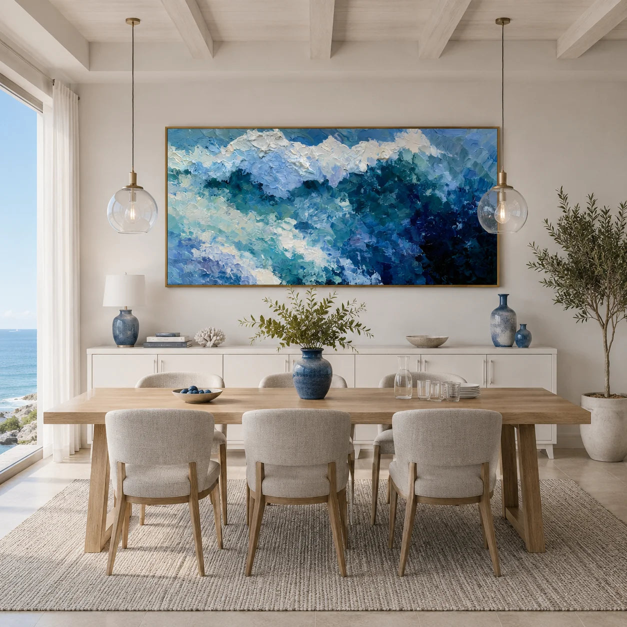 100% Hand-Painted Modern Abstract Ocean Wave Oil Painting | Textured Impasto Coastal Seascape Wall Art | Aerial Turquoise Ocean Surf Canvas | Contemporary Coastal Panoramic Artwork for Living Room by Ownanart # OA 1187