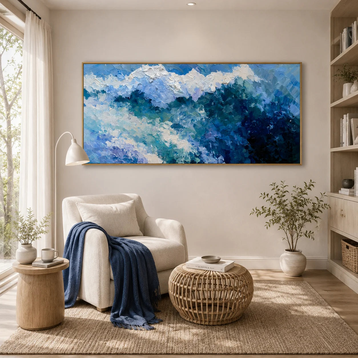 100% Hand-Painted Modern Abstract Ocean Wave Oil Painting | Textured Impasto Coastal Seascape Wall Art | Aerial Turquoise Ocean Surf Canvas | Contemporary Coastal Panoramic Artwork for Living Room by Ownanart # OA 1187