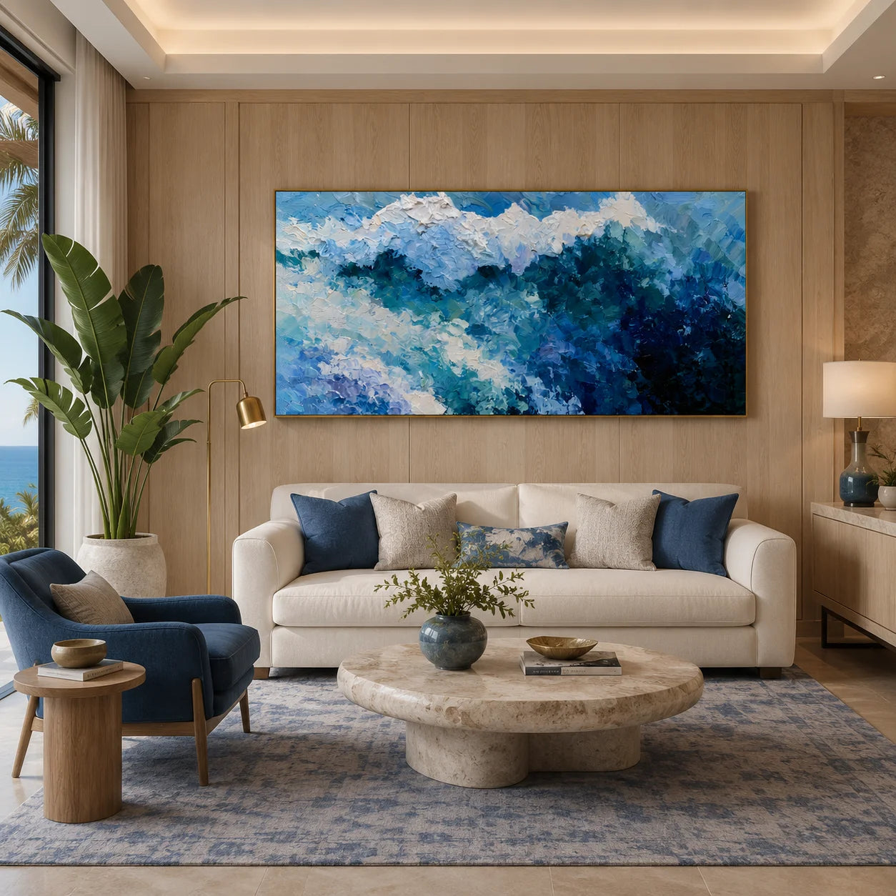 100% Hand-Painted Modern Abstract Ocean Wave Oil Painting | Textured Impasto Coastal Seascape Wall Art | Aerial Turquoise Ocean Surf Canvas | Contemporary Coastal Panoramic Artwork for Living Room by Ownanart # OA 1187