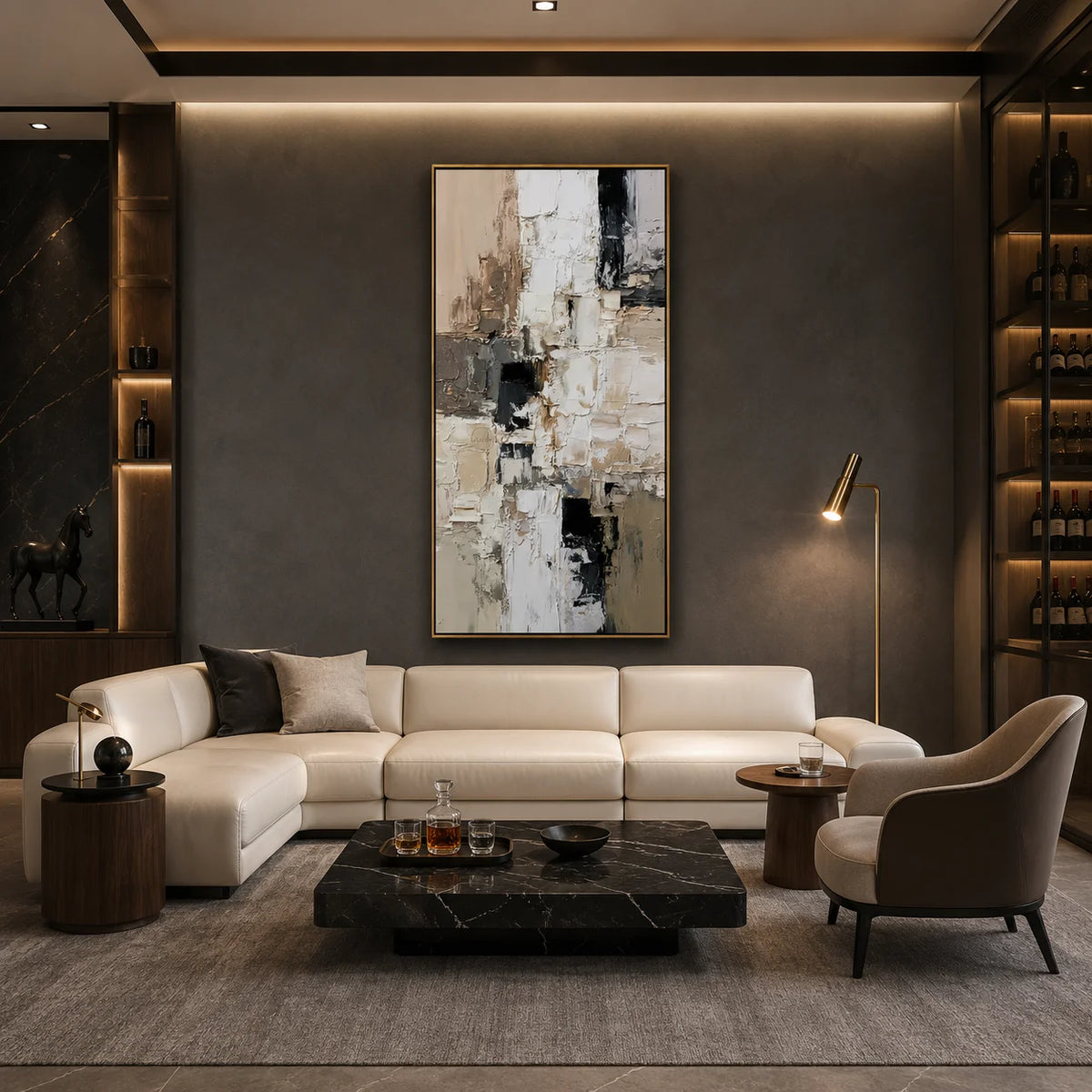 Vertical Neutral Abstract Canvas Wall Art – Textured Black White Beige Painting for Modern Home Decor#OA 0875