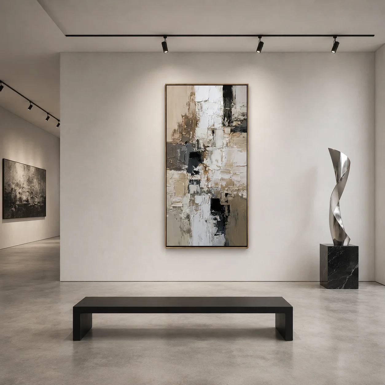Vertical Neutral Abstract Canvas Wall Art – Textured Black White Beige Painting for Modern Home Decor#OA 0875