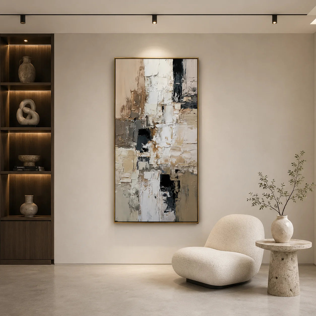Vertical Neutral Abstract Canvas Wall Art – Textured Black White Beige Painting for Modern Home Decor#OA 0875