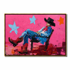Pink Cowboy Hand-Painted Oil Painting, Horizontal Textured Western Wall Art for Modern Home Decor#OA 0970
