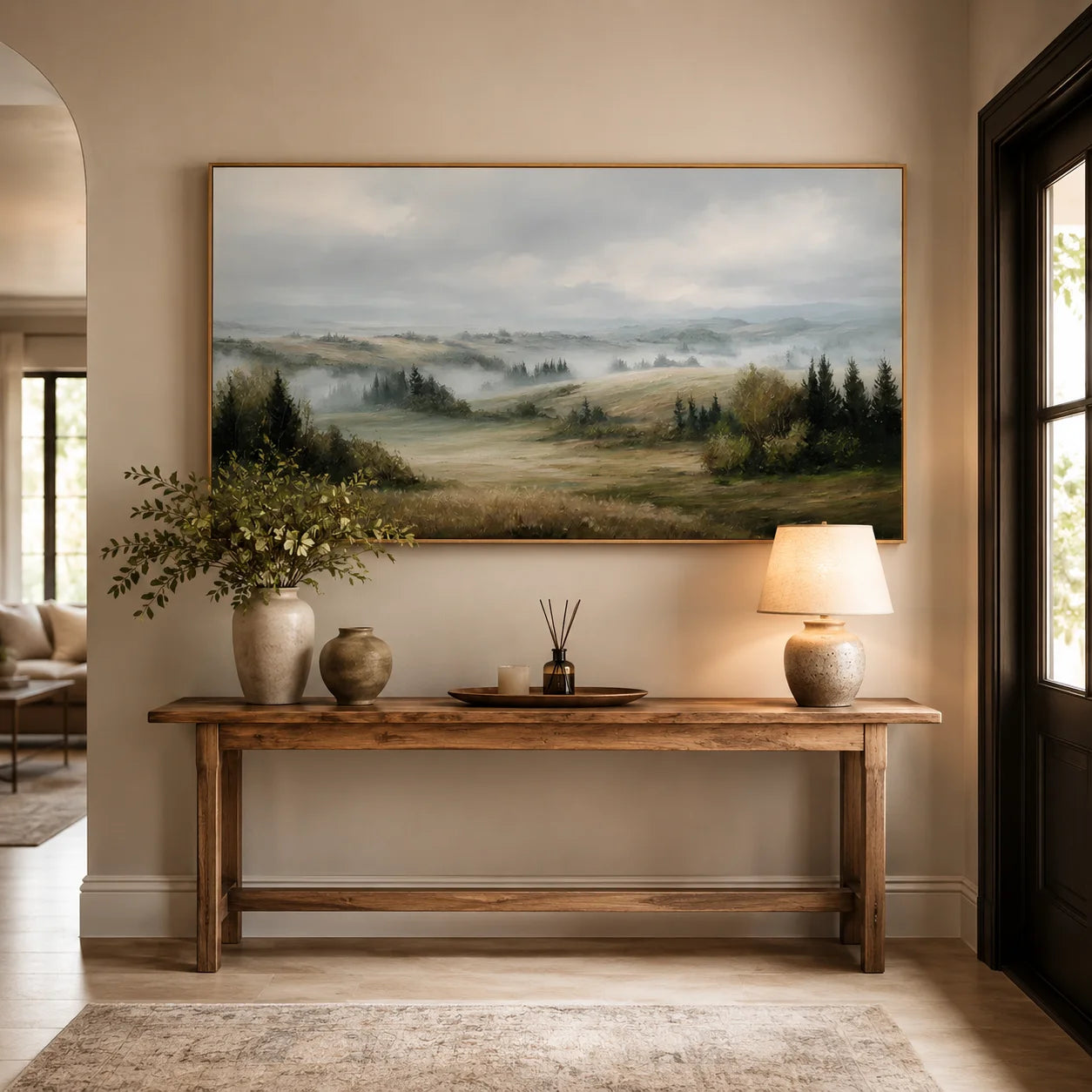 Misty Countryside Landscape Painting – Panoramic Neutral Nature Wall Art#OA 0899