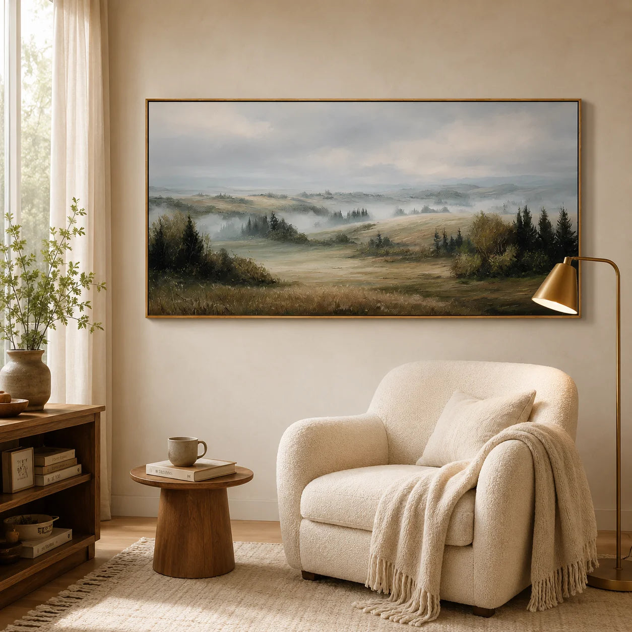 Misty Countryside Landscape Painting – Panoramic Neutral Nature Wall Art#OA 0899